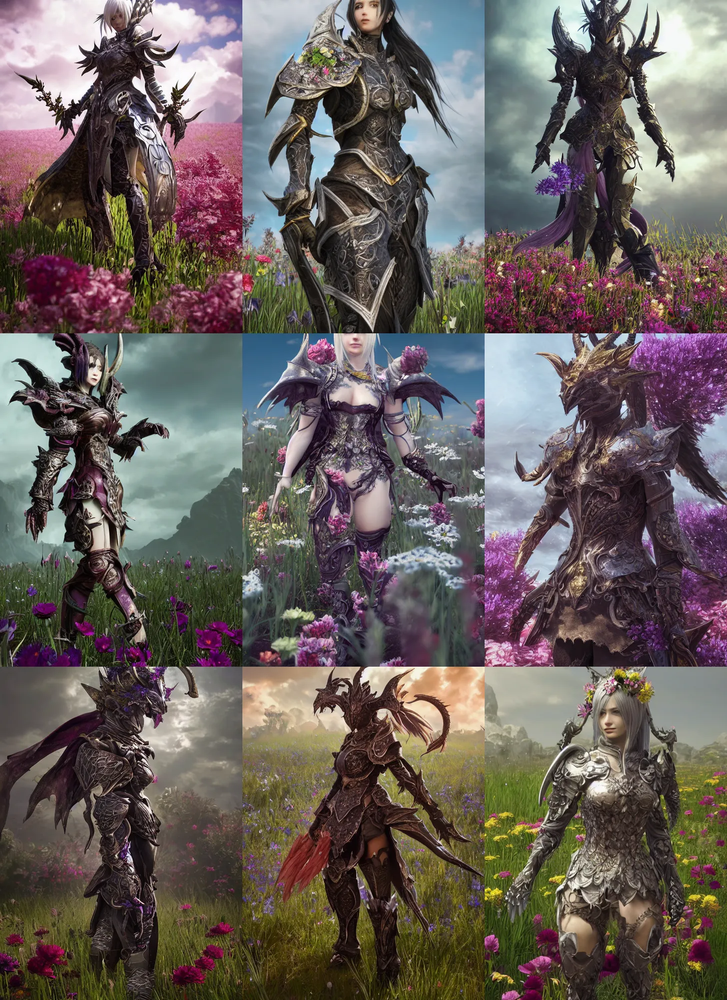 Prompt: a distant character portrait of an au ra with dragon scale skin standing in a field of flowers wearing armor, final fantasy xiv, octane render, a realistically proportioned face, photorealistic eyes, good value control, smooth, realistic shading, realistic face details, illustration, substance painter, very highly detailed