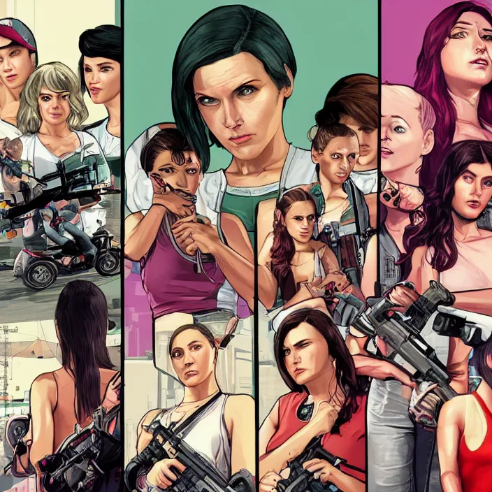 Image similar to female protagonists in gta, cover art by stephen bliss, boxart