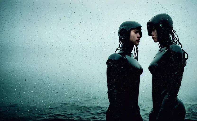 Image similar to cinestill 5 0 d candid photographic portrait by christopher nolan of two loving female androids wearing rugged black mesh techwear in treacherous waters, extreme closeup, modern cyberpunk moody emotional cinematic, pouring rain menacing red spotlight, 8 k, hd, high resolution, 3 5 mm, f / 3 2, ultra realistic faces, ex machina