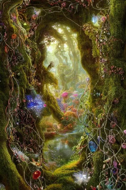 Image similar to a beautiful and highly detailed digital painting of a portal to fairyland, iridescent crystals, moss, multicoloured vines, tangled, the secret garden. intricate details, epic scale, hyperdetailed, hyperrealism,, artstation, cgsociety, 8 k, sharp focus, by caspar friedrich, albert bierstadt, james gurney, brian froud,