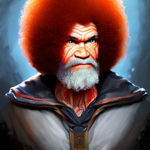 Prompt: Portrait of an evil looking Bob Ross, hairs of red flames, fantasy, D&D, intricate, highly detailed, digital painting, trending on artstation, sharp focus, illustration, style of Stanley Artgerm