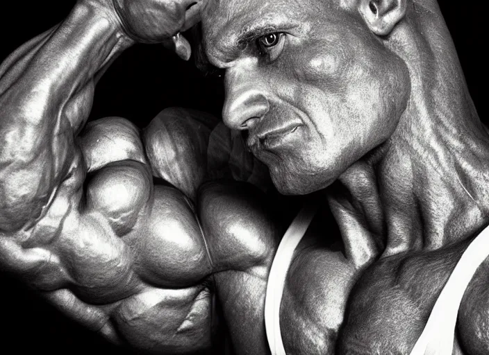 Image similar to a jeff koonz sculpture of a bodybuilder, closeup photo. shot by platon using a leica with flash, kodak gold 3 5 mm film