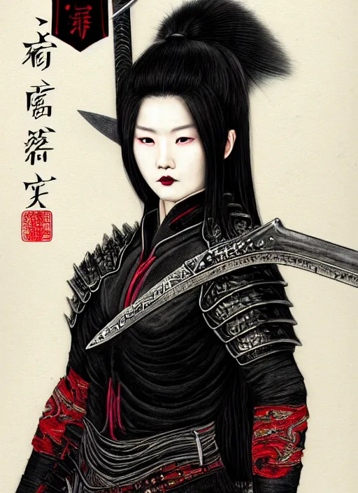 Image similar to full portrait of female vampire jinyiwei wearing black heavy armor and pointed helmet, agile, absurdly beautiful, facial scar, imposing, jinyiwei, embroidered uniform guard, secret agent, detective, chinese armor, historical armor, pointed helmet, katana, nodachi, japanese sword, ming dynasty, detailed, realistic face, anatomically accurate, fantasy art.