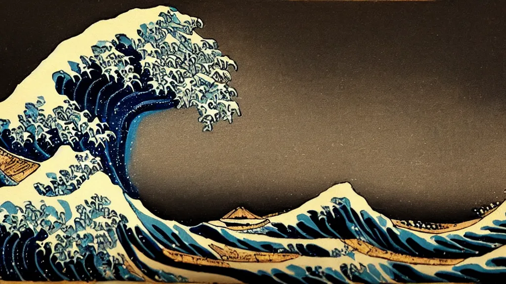 Prompt: a painting of the great wave in the style of rembrandt, brush strokes, dark