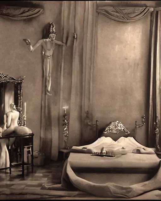 Prompt: the image is a lost hollywood film still 1 9 3 0 s photograph of the greek god hades'bedroom. vibrant cinematography, anamorphic lenses, crisp, detailed image in 4 k resolution.