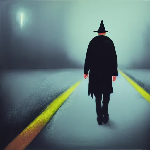 Image similar to photo realistic, painting of a wizard walking alone in the boulevard of broken dreams, painted black, hyper detail, in the style of beeple, rule of thirds