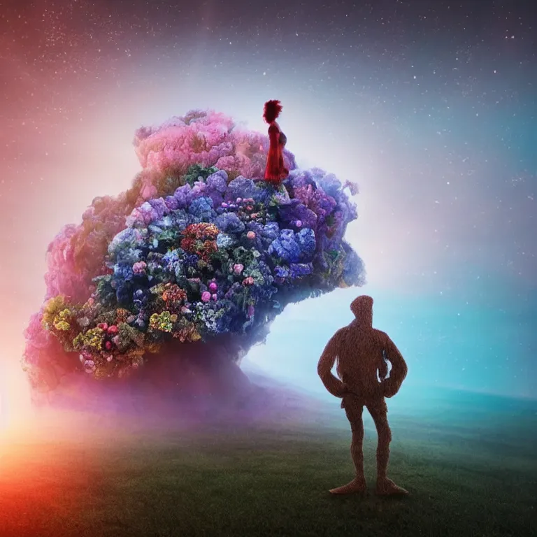 Image similar to a planet of various flowers, fungus and plants, in which the singular human figure is dressed in something magical and impressive, inside the picture is infinity, sunset light, Atmospheric phenomenon, artistic photography, muted colors, conceptual, long exposure outside the city, volumetric light