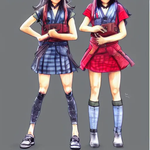 Image similar to a perfect, realistic professional digital sketch for a videogame, two Japanese schoolgirls posing, in style of Marvel, full length, by pen and watercolor, by a professional American senior artist on ArtStation, a high-quality hollywood-style sketch, on high-quality paper