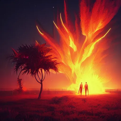 Prompt: Fiery Palm tree ignites black background, sending flickering aesthetic firefly ashes towards viewer by Makoto Shinkai, by Artgerm, by beeple, by Greg Rutkowski, volumetric lighting, octane render, 4K resolution, trending on artstation, masterpiece