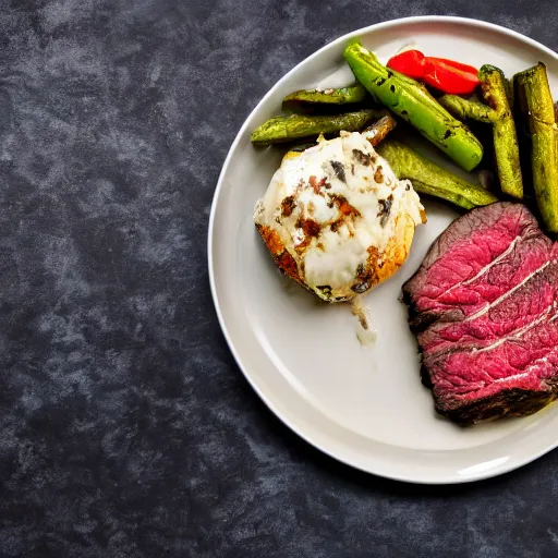 Image similar to advertising photography of a delicious large seasoned steak, topped with melted mozzarella cheese, and a side of seasoned vegetable medley, all served on a wooden table, spot, lighting, dark background