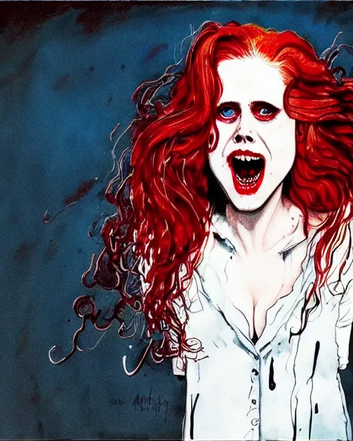 Prompt: style of ralph steadman : : gorgeous vampire amy adams : : sharp teeth fangs, open mouth sneer : : symmetrical face, symmetrical eyes : : gorgeous red hair : : magic lighting, low spacial lighting : :