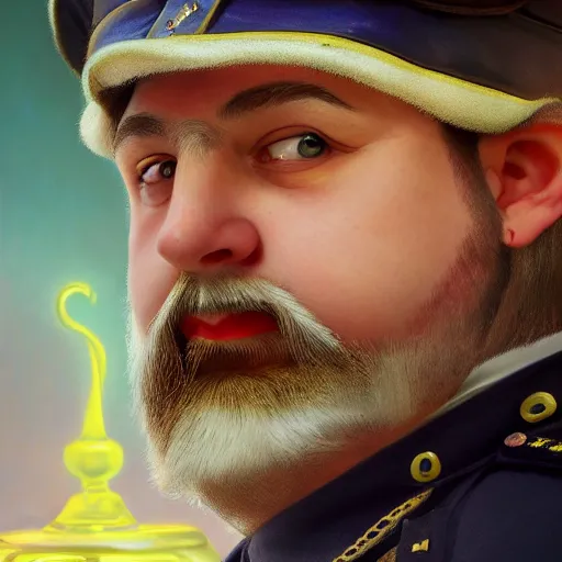 Prompt: an incompetent, shifty, fat high fantasy elf mall cop with a sheriff's badge, Oil Painting, hyperrealistic, octane render, Detailed Digital Art, RPG portrait, 3/4 bust, William-Adolphe Bouguereau, Michael Cheval, dynamic lighting, Highly Detailed, Cinematic Lighting, 8k, HD