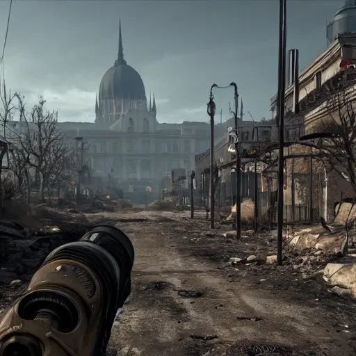 Image similar to fallout 5 set in budapest, game screenshot, 4 k, high detail