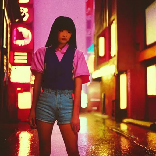 Image similar to 1990s perfect 8K HD professional cinematic photo of close-up japanese schoolgirl posing in dystopian alleyway with neon signs, at evening during rain, at instagram, Behance, Adobe Lightroom, with instagram filters, depth of field, taken with polaroid kodak portra