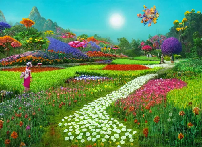 Image similar to summer morning, thai rice princess in a flower garden, rolling mountain, very coherent and colorful high contrast, art by gediminas pranckevicius, geof darrow, dark shadows, hard lighting, flowers garden