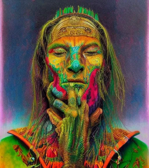 Image similar to Portrait painting in a style of Beksinski mixed with Alex Grey of an old shaman dressed in a colorful traditional clothes. psychodelic