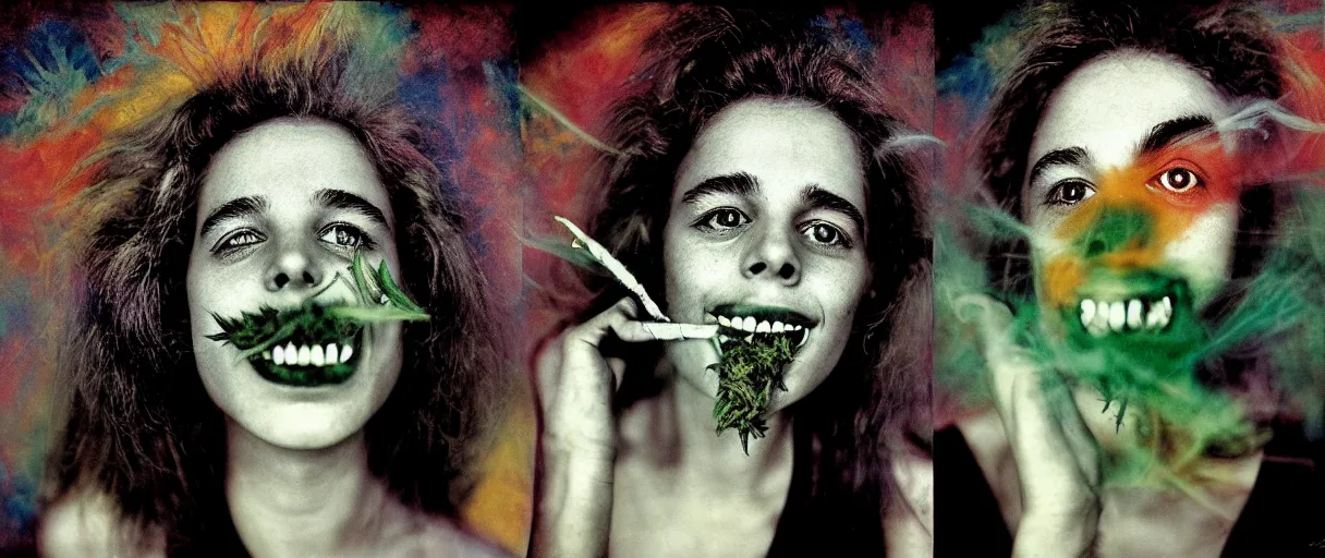 Image similar to award winning photo of smoking CANNABIS, vivid colors, happy, symmetrical face, beautiful eyes, studio lighting, wide shot art by Sally Mann & Arnold Newman