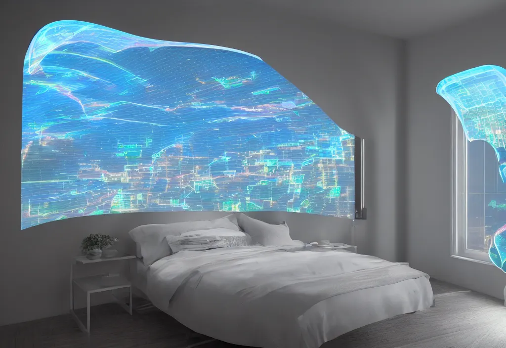 Prompt: curved translucent windows projecting florida hologram weathermap, pixel perfect photograph, high contrast, volumetric lighting, thin glowing lights, bedroom, visor, users, pair of keycards on table