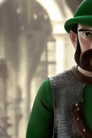 Image similar to very very intricate photorealistic photo of a realistic human version of luigi wearing his hat in an episode of game of thrones, photo is in focus with detailed atmospheric lighting, award - winning details