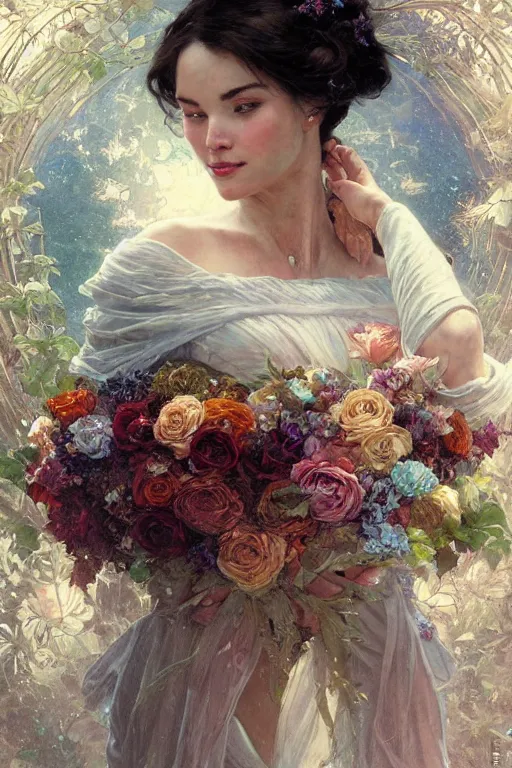 Image similar to portrait of a beautiful mysterious woman holding a bouquet of flowing flowers, hands hidden under the bouquet, lying half submerged in a pool of water, fantasy, regal, intricate, by stanley artgerm lau, greg rutkowski, thomas kindkade, alphonse mucha, loish, norman rockwell