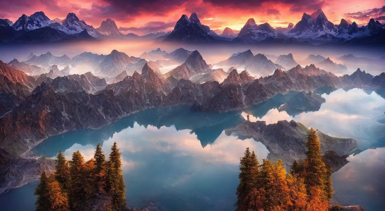 Prompt: amazing landscape photo of mountains with lake in sunset by marc adamus, beautiful dramatic lighting