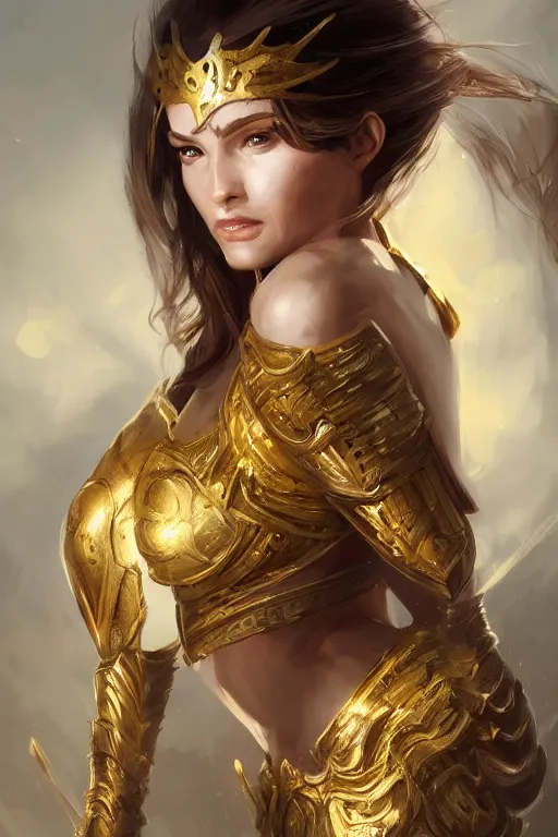 Image similar to three-quarters portrait pose of a beautiful woman, strong body, shining gold armor, human warrior, fantasy, intricate, elegant, highly detailed, digital painting, artstation, concept art, matte, sharp focus,D&D, illustration, art by Stanley Lau