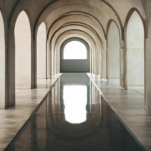 Image similar to photograph of a symmetrical arch hallway, shiny floor, concrete, pastel hues, minimalist, architecture magazine, dezeen, 50mm, pentax, film