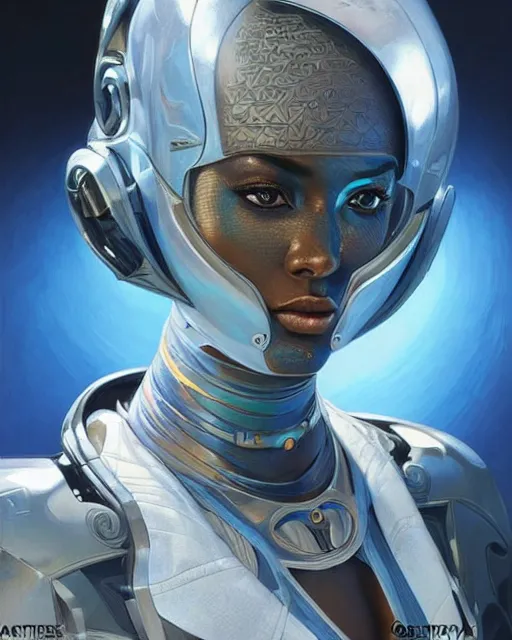 Image similar to Portrait of very very very very very very beautiful african woman, spacesuit, futuristic cybernetic helmet, blue eyes, real life skin, intricate, elegant, highly detailed, artstation, concept art, smooth, sharp focus, art by artgerm and greg rutkowski and alphonse mucha