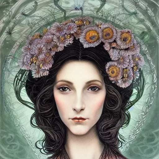 Image similar to facial portrait of a young pretty woman in flowing dress, arrogant, mysterious, long fine flowing hair, delicate, looking at camera, slightly awkward smile, realistic face, hands behind back, intricate, stylish, elegant, grimdark fantasy, flowers, art nouveau, extremely detailed painting inspired by Gerald Brom and Ernst Haeckel and Kaluta