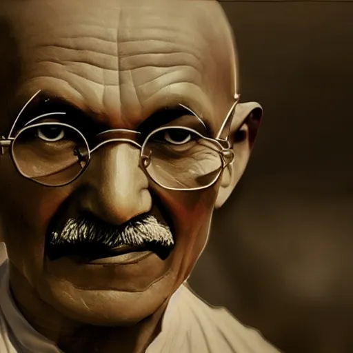 Image similar to Portrait of Mahatma Gandhi in Gears of War, splash art, movie still, cinematic lighting, dramatic, octane render, long lens, shallow depth of field, bokeh, anamorphic lens flare, 8k, hyper detailed, 35mm film grain