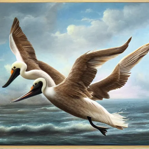 Image similar to a corgi learning to fly with pelicans, oil on canvas, intricate, 8k highly professionally detailed, HDR, CGsociety