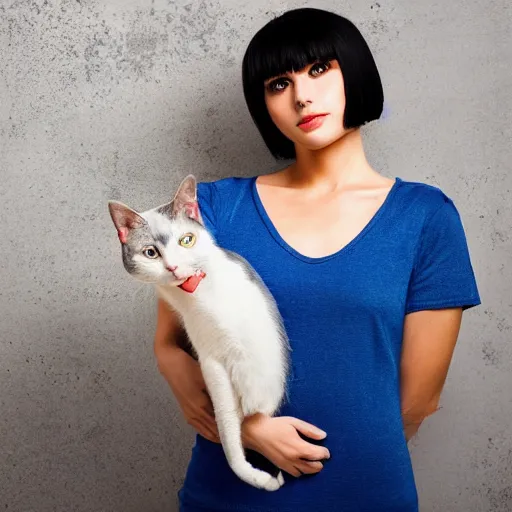 Image similar to A beautiful woman with blue short hair with bangs holding a grey and white cat, full body portrait, highly detailed, excellent composition, dramatic lighting, realistic 4k