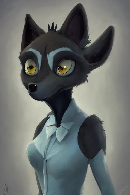 Image similar to oil painting of anthromorphic female wolf, in style of cory loftis, female fursona, furry, furaffinity, 4 k, deviantart, furry art, fursona art, wearing black business suit, business suit, in style of zootopia, wolf fursona, cyberpunk, female, very expressive detailed feminine face,