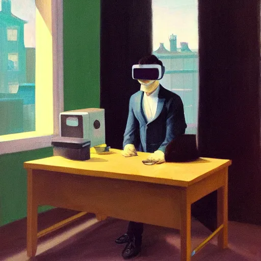 Image similar to A fine art painting of a man wearing Vr goggles at a desk through a window on a British street. In the style of Edward Hopper and Wes Anderson