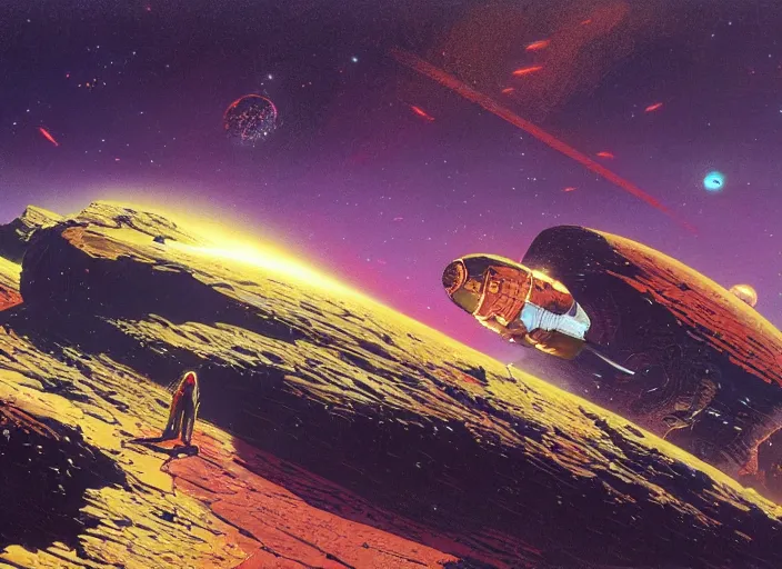 Prompt: a brightly - coloured spacecraft in a stunning landscape by martin deschambault, dean ellis, peter elson, josan gonzalez, david a hardy, john harris, wadim kashin, angus mckie, moebius, bruce pennington, sci - fi art