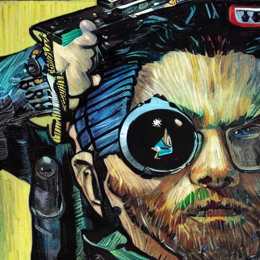 Image similar to Illustrated by Shepard Fairey and Greg Rutkpwski | Cyberpunk Van Gogh with VR helmet, surrounded by cables