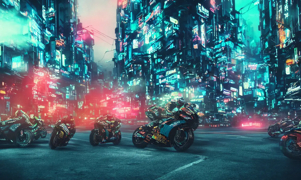 Prompt: insanely moody cinematic render of motogp race on street of a cyberpunk city, motion blurred background, speed, teal and orange colors, vaporwave, photorealism, cinema still, photography, octane 3 d, vray render, insane details, 8 k high definition, artstation