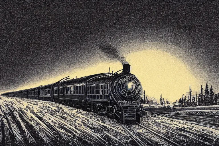 Image similar to trans - siberian express train ultrafine drawing by joe fenton and syd mead and p. craig russell and barry windsor - smith, artstation, 4 k, graphic novel, concept art, matte painting, beautiful russian winter landscape sunset background, golden hour, art nouveau, sharp