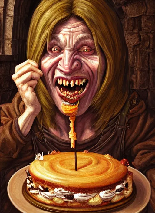 Prompt: portrait of a medieval goblin eating cakes in the cloisters, beautiful face, hyper realistic, highly detailed digital painting by earl norem, artstation illustration co