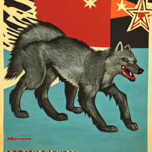 Image similar to retarded wolf, soviet propaganda poster style