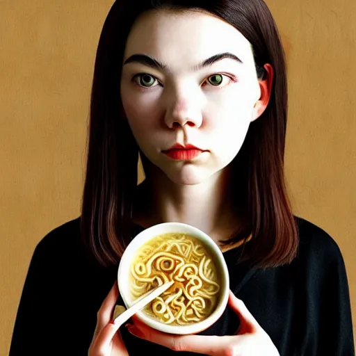 Image similar to beautiful japanese female model eating ramen soup portrait in the style of art anya taylor - joy