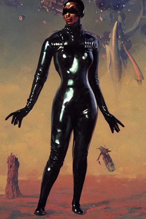 Image similar to pulp scifi fantasy illustration full body portrait of elegant black woman wearing latex spacesuit, by norman rockwell, jack kirby, bergey, craig mullins, ruan jia, jeremy mann, tom lovell, 5 0 s, astounding stories, fantasy