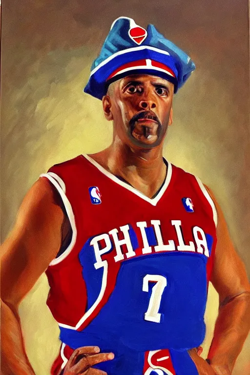 Prompt: full body portrait of the dictator of the philadelphia 7 6 ers, 1 9 5 5, in full military garb, oil on canvas by william sidney mount, trending on artstation