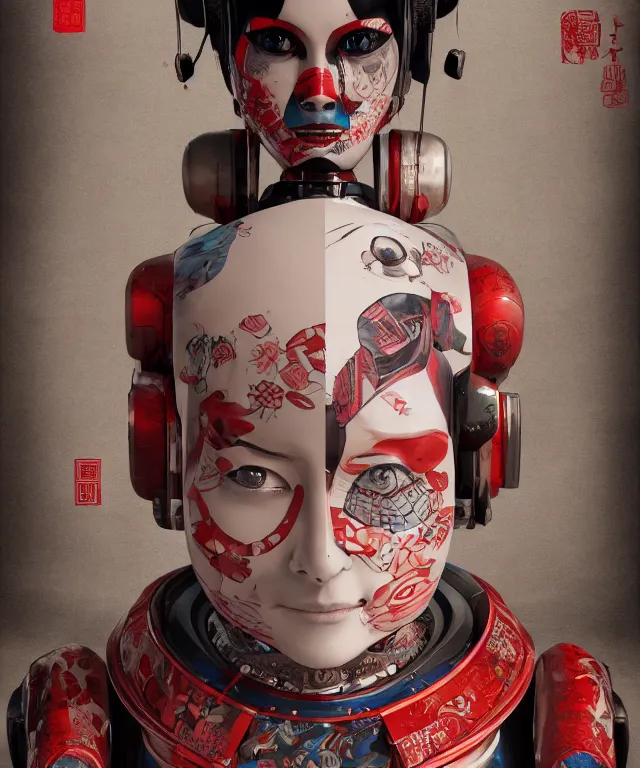 Image similar to an epic fantastic realism comic book style portrait painting of a japanese robotic geisha with kanji tattoos and decals, apex legends, octane render, intricate detail, 4 k hd, unreal engine 5