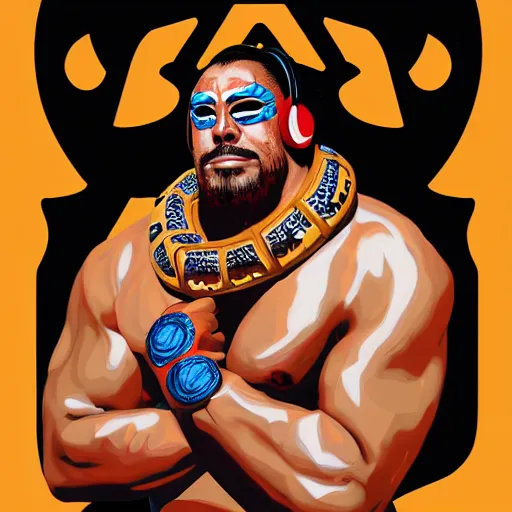 Prompt: portrait of lucha libre dj, muscular, headphones, thick golden ring around the neck, fantasy, intricate, elegant, highly detailed, digital painting, artstation, concept art, smooth, sharp focus, illustration, art by tom of finland