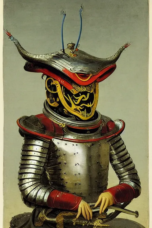 Prompt: portrait of a evil dragon astronaut with chinese dragon armor and helmet, majestic, solemn, by canaletto