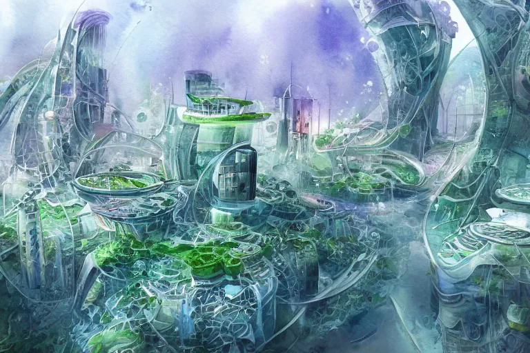 Image similar to watercolor artwork of futuristic underwater eco friendly city : : green, art nouveau, trending on artstation