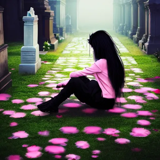 Image similar to cloudy cemetary with pink petals on the floor, goth woman sitting down, intricate details, complementary lighting, detailed face, backlighting, octane render, raytraced, depth of field, beautiful face, extremely detailed, trending in artstation, focus on face, sharp focus, radiant light, beautiful composition, yihao ren, zochi, zero - hour, jean paul fiction