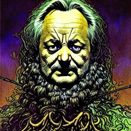 Image similar to a realistic and atmospheric high fantasy closeup portrait of bill murray as a mystical druidic warrior wizard doing an arcane pagan ritual by rebecca guay, michael kaluta, charles vess and jean moebius giraud