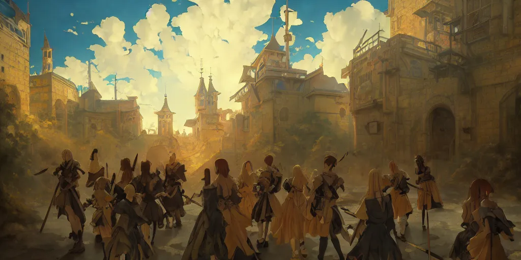 Prompt: baroque oil painting of anime key visual environment concept art of anime maids crusading in jerusalem, brutalist, dark fantasy, rule of thirds golden ratio, fake detail, trending pixiv fanbox, acrylic palette knife, style of makoto shinkai studio ghibli genshin impact jamie wyeth james gilleard greg rutkowski chiho aoshima